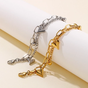Double-layer hip-hop style stainless steel bracelet with heart pendant and ball charm