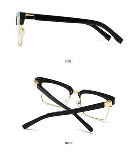 Detail view of semi-rimless square sunglasses showing side and back metal hinge construction