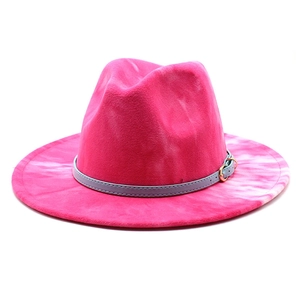 Fuchsia tie-dye wool fedora hat with light blue leather belt and gold buckle accent
