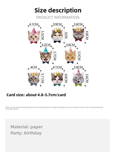 Detailed size chart for cat themed birthday cake toppers showing various feline designs