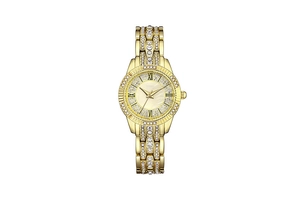 Détails de la montre à quartz dorée avec accents en diamant et cadran en nacre blanche