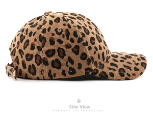 Detail view of leopard print corduroy baseball cap with metal buckle closure