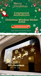Detail of golden reindeer and snowflake UV window stickers for Christmas shop decor