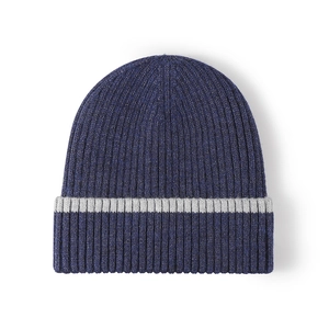 Navy blue winter knit beanie with grey striped trim in thick ribbed thermal wool fabric