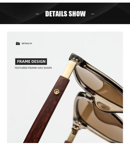 Detail view of gold hinges and wood grain texture on stylish brown tea sunglasses