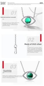 Detail view of S925 sterling silver evil eye necklace with green emerald-cut cubic zirconia