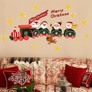 Cartoon Santa Claus Christmas train wall sticker with Merry Christmas banner for home decor