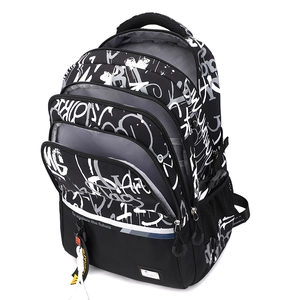 Black graffiti backpack with large capacity and multi-layer storage for travel and school