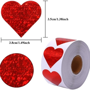 Holographic red heart stickers roll for Valentine gifts decoration with dimensions 1.5 inch
