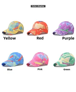 Multiple views showing colorful graffiti baseball caps in yellow, red, purple, and blue