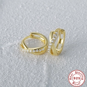 Elegant gold S925 sterling silver crisscross hoop earrings with pavé diamond accents