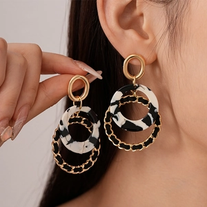 Geometric Double Circle Pendant Earrings Alloy Resin Leather Woven With 925 Sterling Silver Earring Post Retro For Women