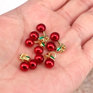 Cute cherry pendant charm for DIY jewelry with red enamel beads and golden stem
