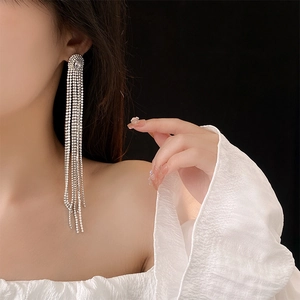 Macro side view of silver tassel earrings with sparkling rhinestones worn on a model