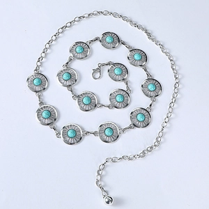 Silver chain waist belt featuring turquoise round stone inserts and lobster clasp design