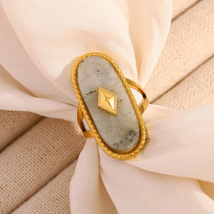 Vintage 18K gold plated oval grey stone ring with gold diamond relief on silk