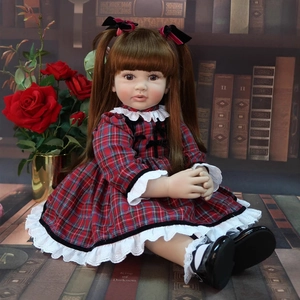 Realistic Reborn Toddler Doll Lifelike Simulation Baby Girl Brown Hair Plaid Dress Soft Silicone Cloth Body Kids Gift