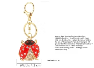 Detailed size specifications for red beetle rhinestone keychain with dimensions and weight