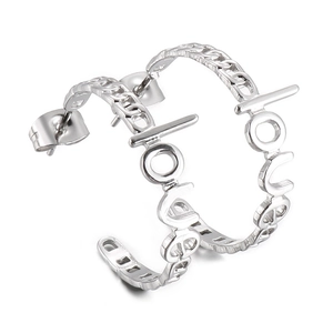 Silver LOVE letter hoop earrings with Cuban link texture and polished finish for women