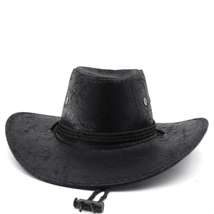 Classic black Western cowboy hat with vintage leather texture and adjustable wind rope
