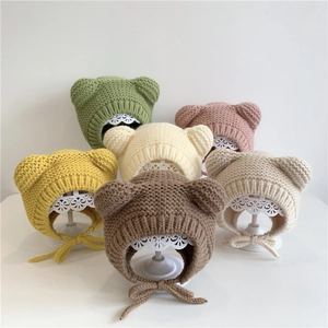 Baby Knit Hat Bear Ears Earflap Cap Winter Warm Soft Crochet Headwear For Infant Toddler Boys Girls