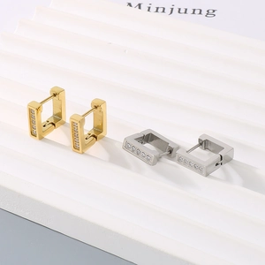 Minimalist square stainless steel hoop earrings with inlaid zircon in gold and silver