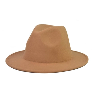 Classic camel wool fedora hat with flat brim and decorative metal buckle leather band