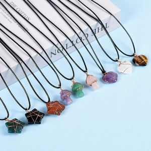 Natural Crystal Gemstone Pendant Necklace Handmade Wire Wrapped Healing Stone Star Heart Mushroom Shape Bohemian Jewelry