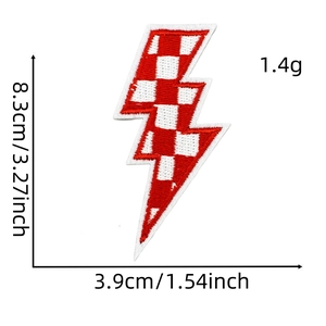 Size detail of red checkered lightning bolt embroidery patch measuring 8.3x3.9cm
