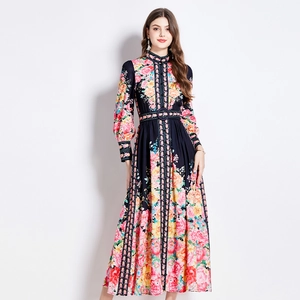 Floral dark blue maxi dress with mandarin collar and belt, long sleeve elegant style
