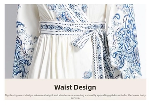 Detail of the high-waisted drawstring design on white paisley print maxi dress