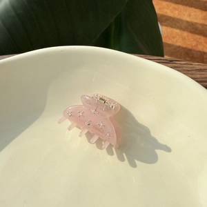 Pink acetate mini hair claw with small crystals and France handmade gold stamp