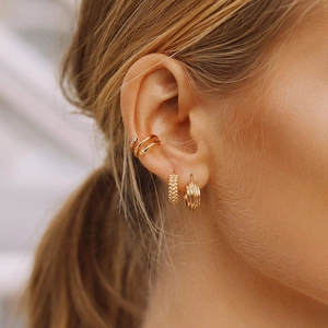 Chic 18k gold ear cuff set featuring a star zircon stud and textured hoop earrings for women