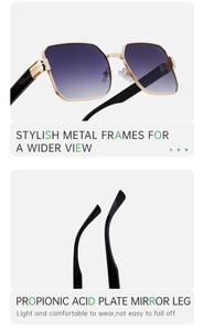 Detail of square metal frame sunglasses with black and gold finish and lightweight temples