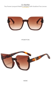 Detail of cat-eye sunglasses with tea lenses, tortoiseshell temples and gold V metal logo