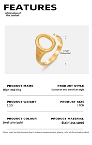 Detail showing the adjustable open band and 2.2g weight specs of the stainless steel ring