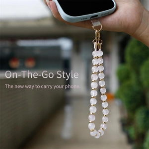 Natural 8mm pink zebra stone phone lanyard with gold metal clasp and detachable strap