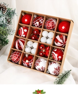 Detailed view of 36pcs red and white Christmas tree ornaments in a kraft paper gift box