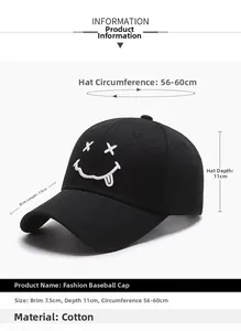 Detail of black cotton baseball cap with white smiley face embroidery and 7.5cm brim