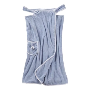 Light blue wearable coral fleece bath towel with white bow pocket and shoulder straps