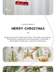 Detailed close-up of decorative wooden Christmas star and tree ornaments with festive deer patterns
