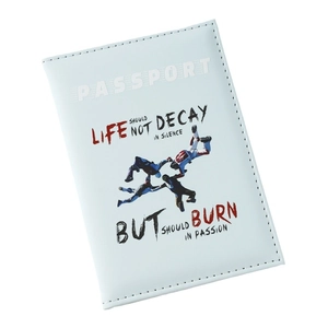 Light blue PU leather passport cover featuring skydiving print and travel text design
