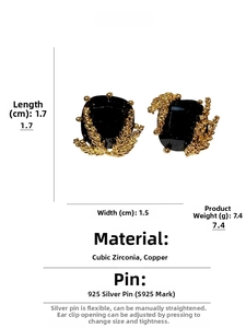 Detailed view of black rhinestone stud earrings showing 1.7x1.5cm dimensions and silver pin