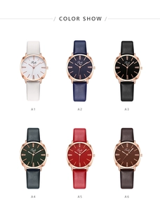 Collection of square quartz watches with rose gold cases and six colorful leather straps