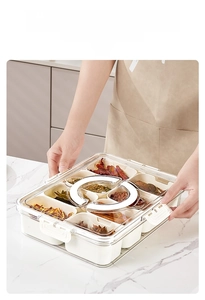Close-up of 8-compartment kitchen spice storage box with airtight silicone seal handle