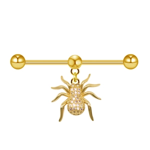 Golden stainless steel industrial barbell with pink zircon spider pendant jewelry
