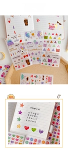Close-up of colorful cartoon washi stickers for journaling with vibrant birthday patterns