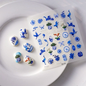 Classic blue and white porcelain nail stickers with cranes and floral Chinese motifs