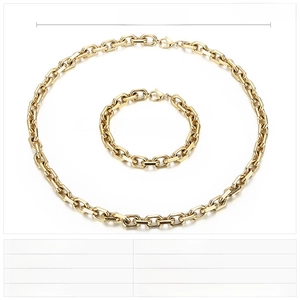 Polished 18K gold-plated stainless steel necklace and bracelet set with dimensions