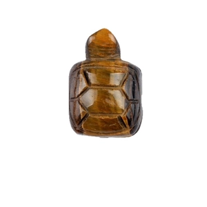 Tiger eye stone turtle figurine with natural brown and yellow cat eye texture on white back